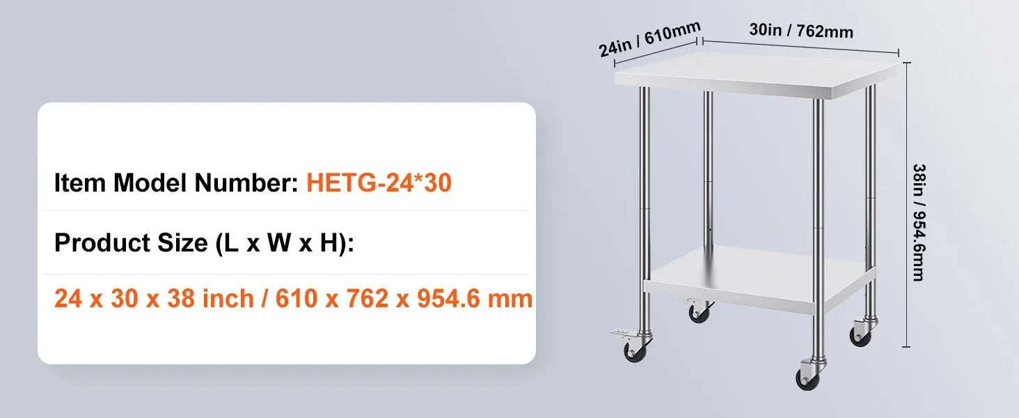 Stainless Steel Work Table with Wheels, Adjustable Shelf, 500 lb Capacity-24x36inch / United States