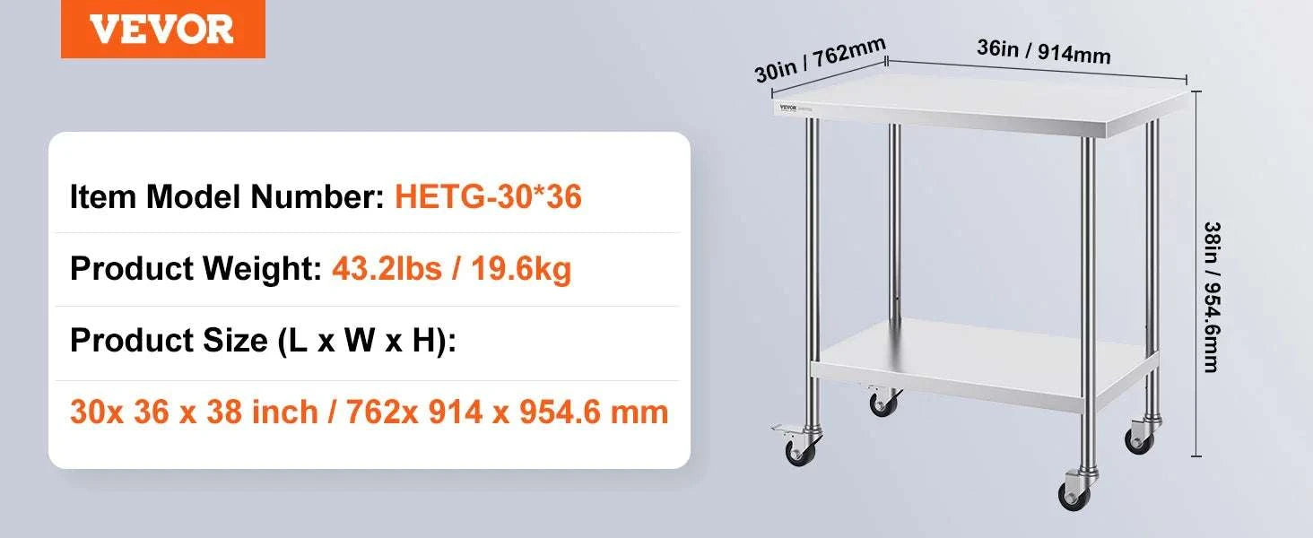 Stainless Steel Work Table with Wheels, Adjustable Shelf, 500 lb Capacity-24x36inch / United States