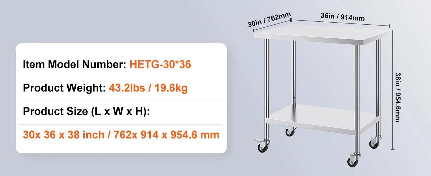Stainless Steel Work Table with Wheels, Adjustable Shelf, 500 lb Capacity-24x36inch / United States