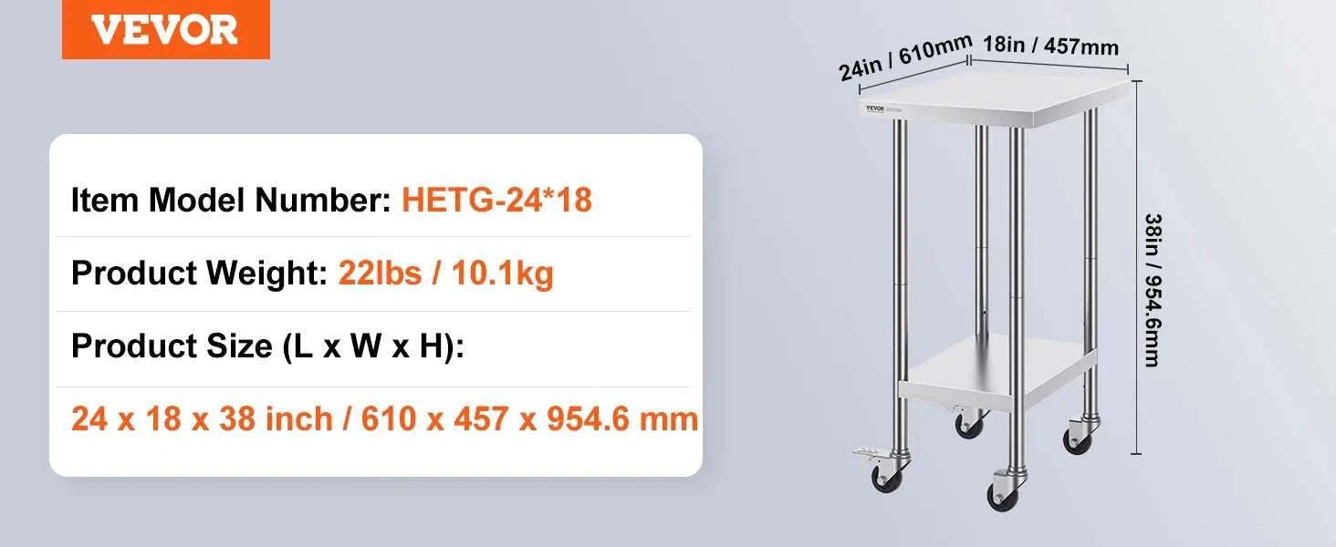 Stainless Steel Work Table with Wheels, Adjustable Shelf, 500 lb Capacity-24x36inch / United States