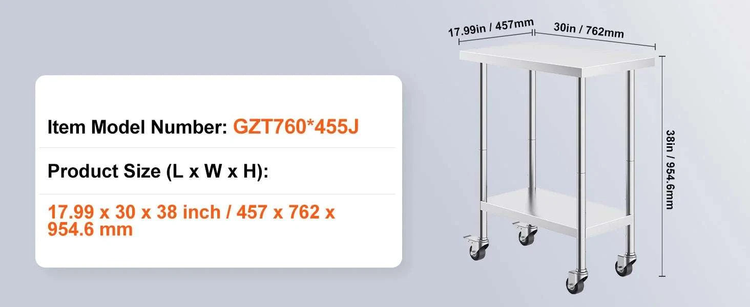 Stainless Steel Work Table with Wheels, Adjustable Shelf, 500 lb Capacity-24x36inch / United States