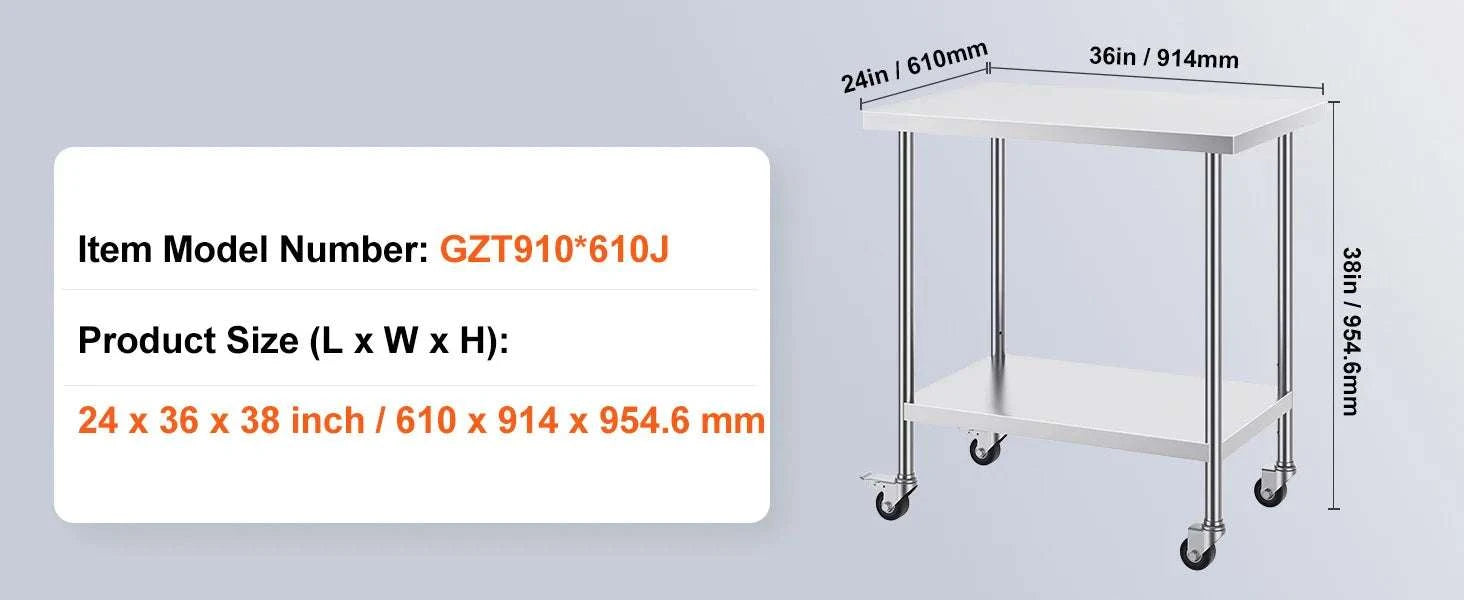 Stainless Steel Work Table with Wheels, Adjustable Shelf, 500 lb Capacity-24x36inch / United States