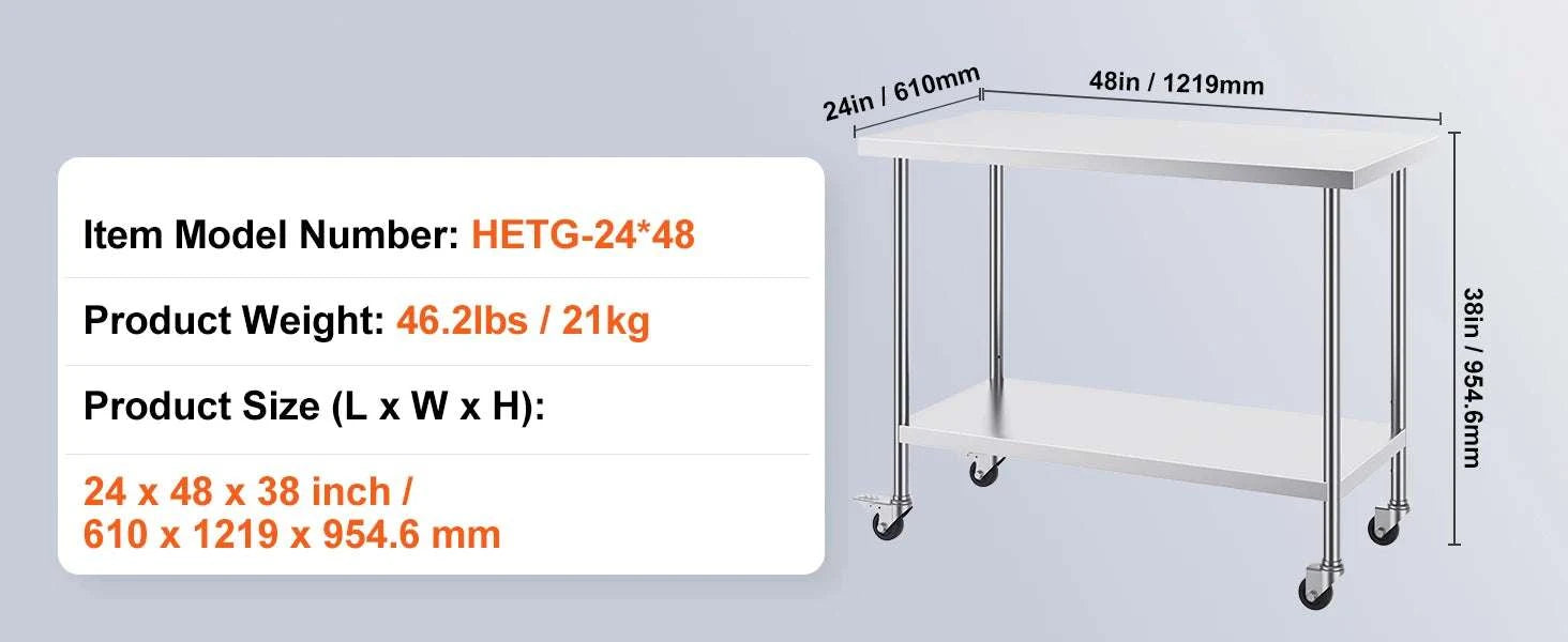 Stainless Steel Work Table with Wheels, Adjustable Shelf, 500 lb Capacity-24x36inch / United States
