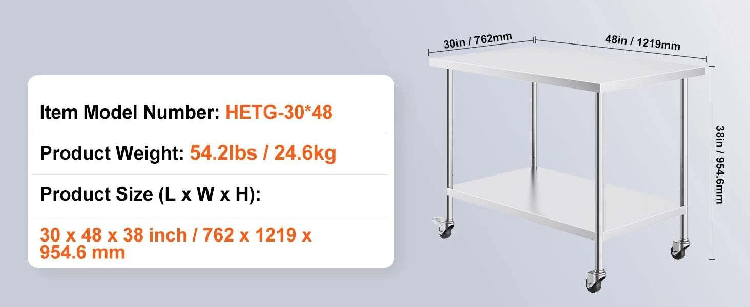 Stainless Steel Work Table with Wheels, Adjustable Shelf, 500 lb Capacity-24x36inch / United States