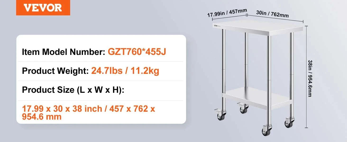 Stainless Steel Work Table with Wheels, Adjustable Shelf, 500 lb Capacity-24x36inch / United States