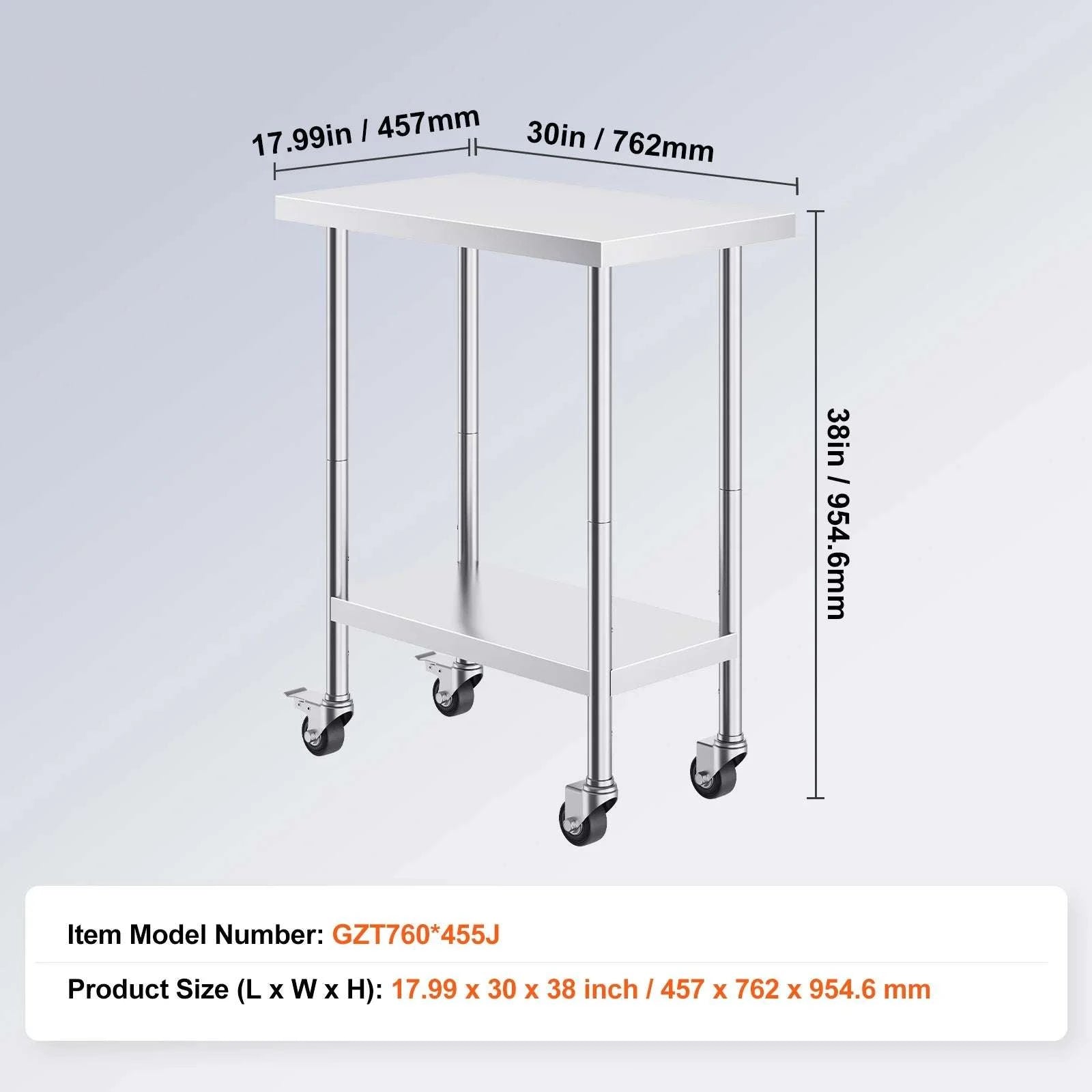 Stainless Steel Work Table with Wheels & Adjustable Shelves-