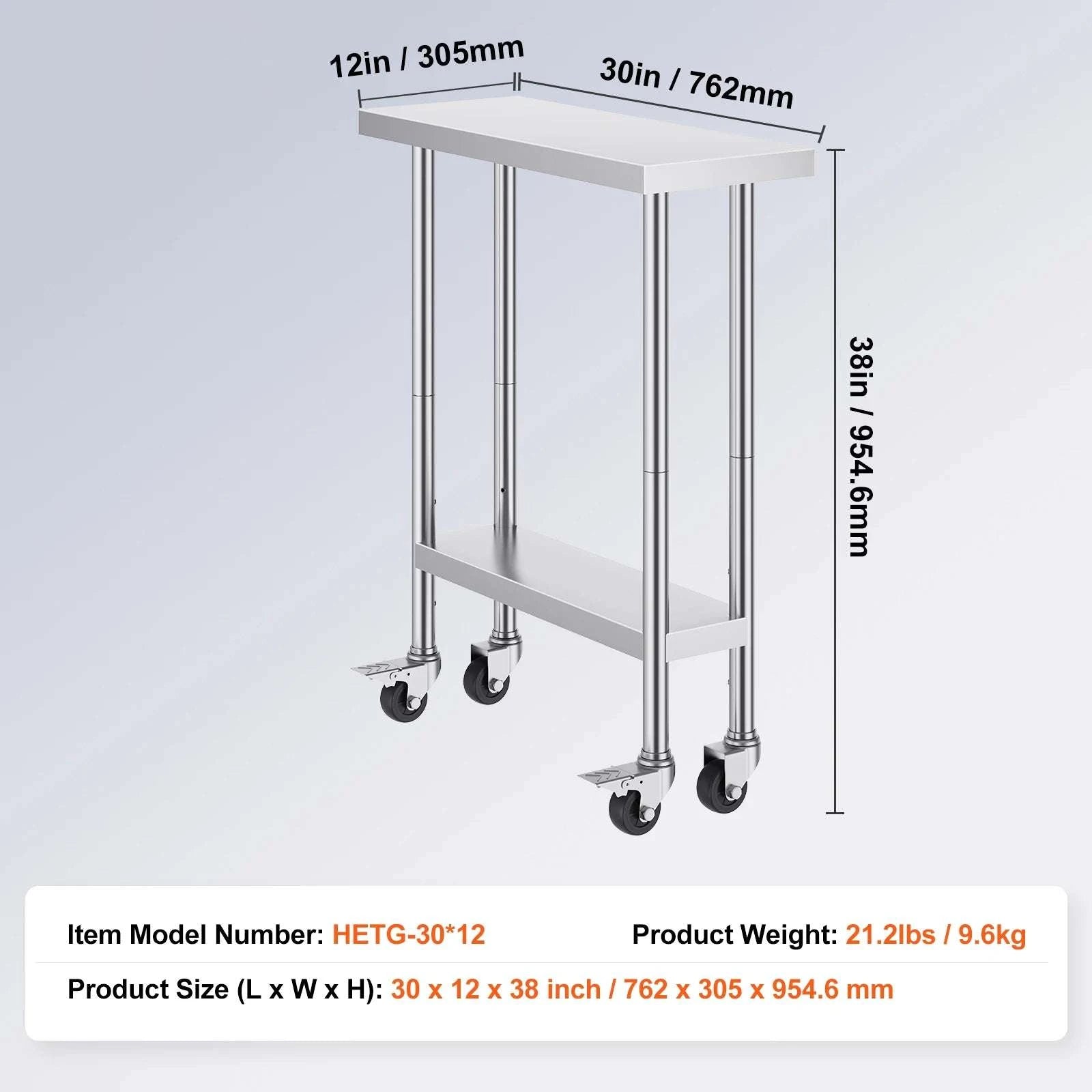 Stainless Steel Work Table with Wheels & Adjustable Shelves-30x12inch / spain