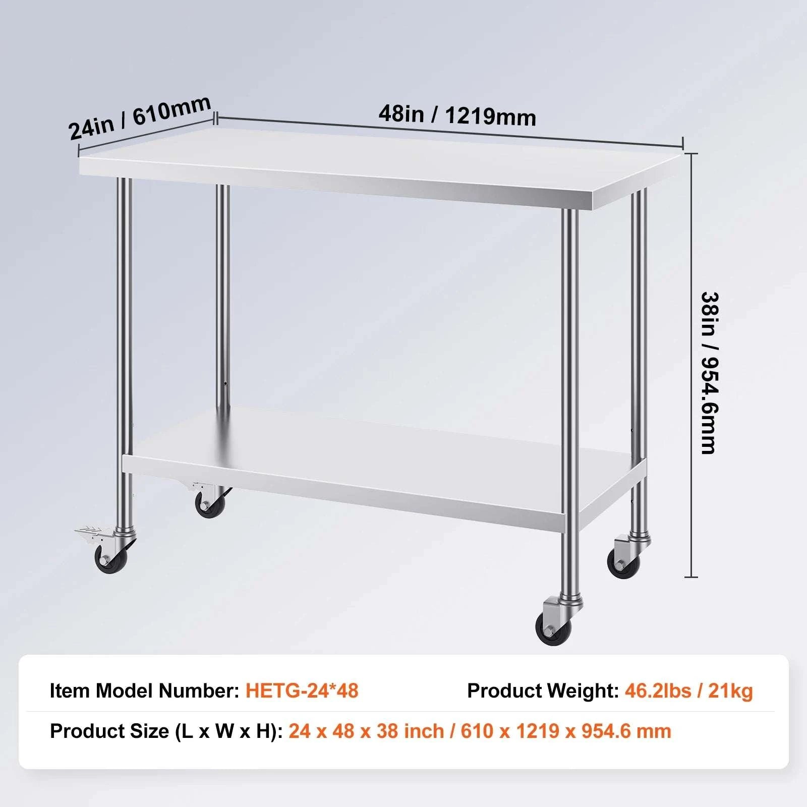 Stainless Steel Work Table with Wheels & Adjustable Shelves-30x12inch / spain