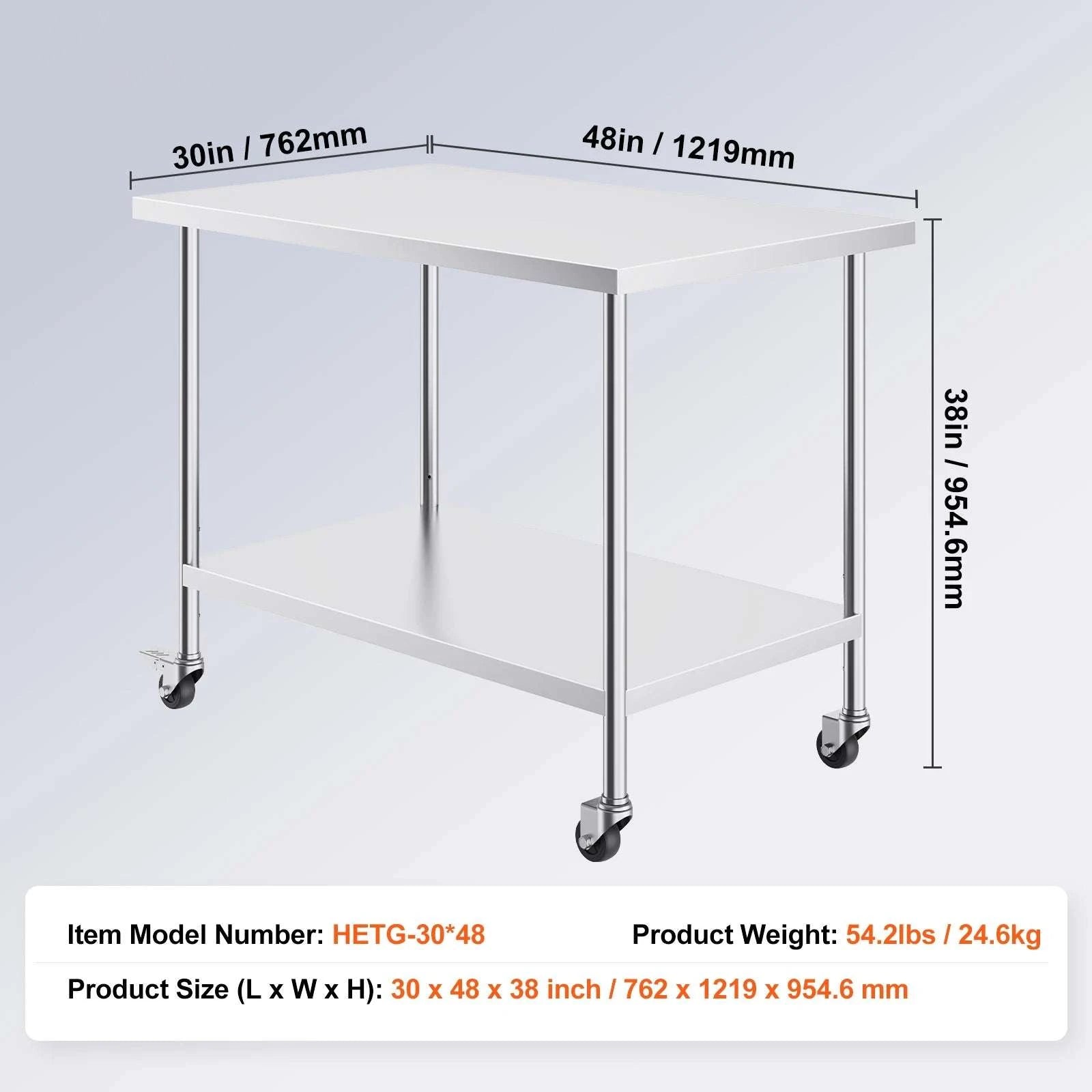 Stainless Steel Work Table with Wheels & Adjustable Shelves-30x12inch / spain