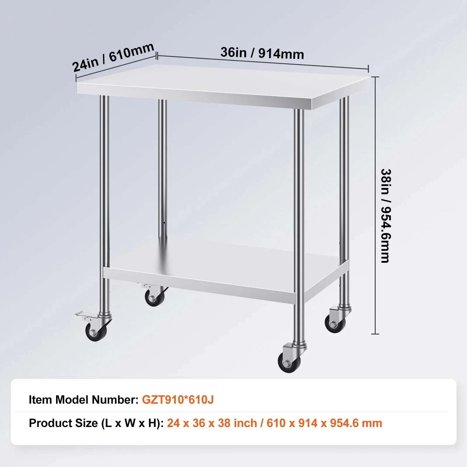 Stainless Steel Work Table with Wheels & Adjustable Shelves-