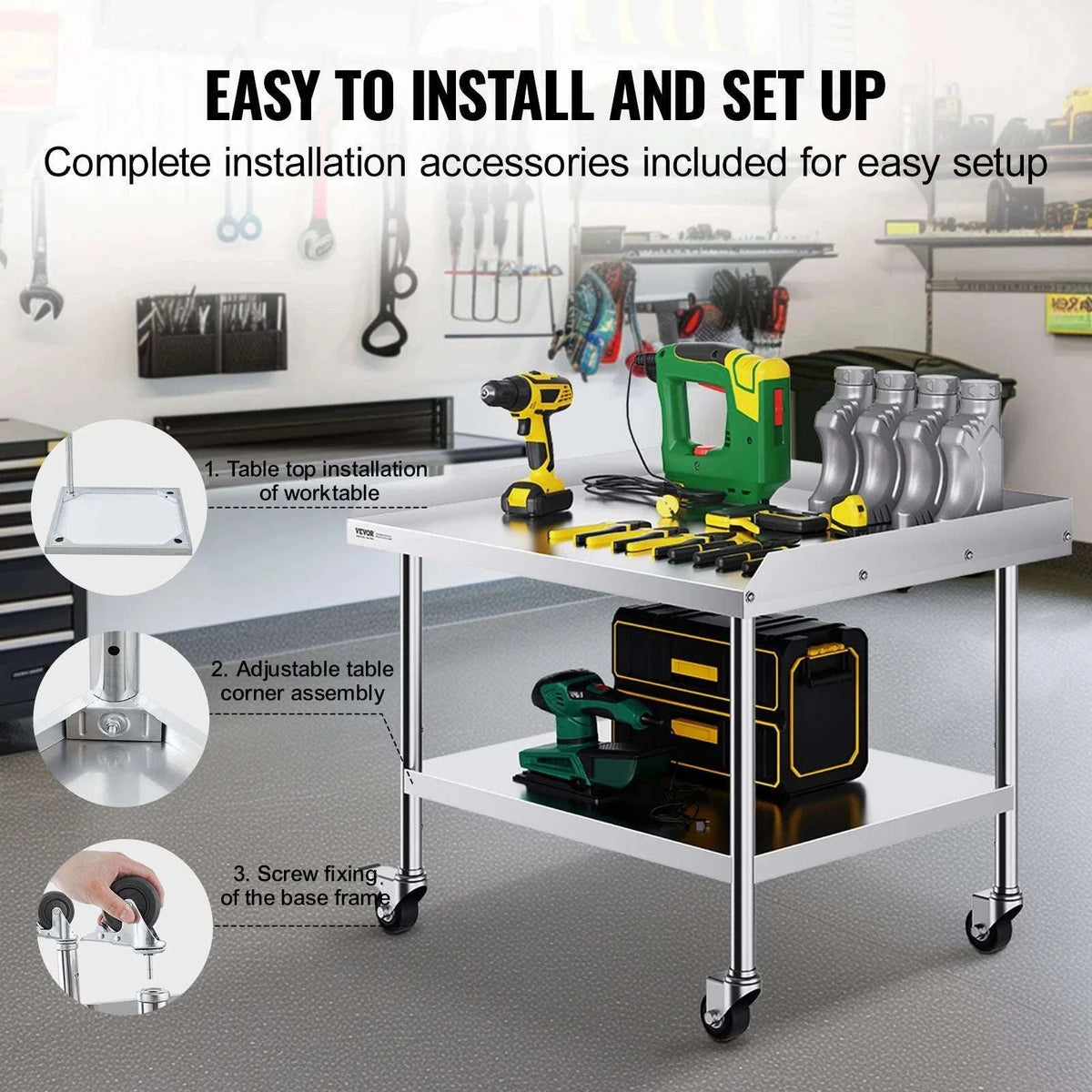Stainless Steel Work Table with Wheels and Adjustable Shelf-30 x 36 in / GERMANY