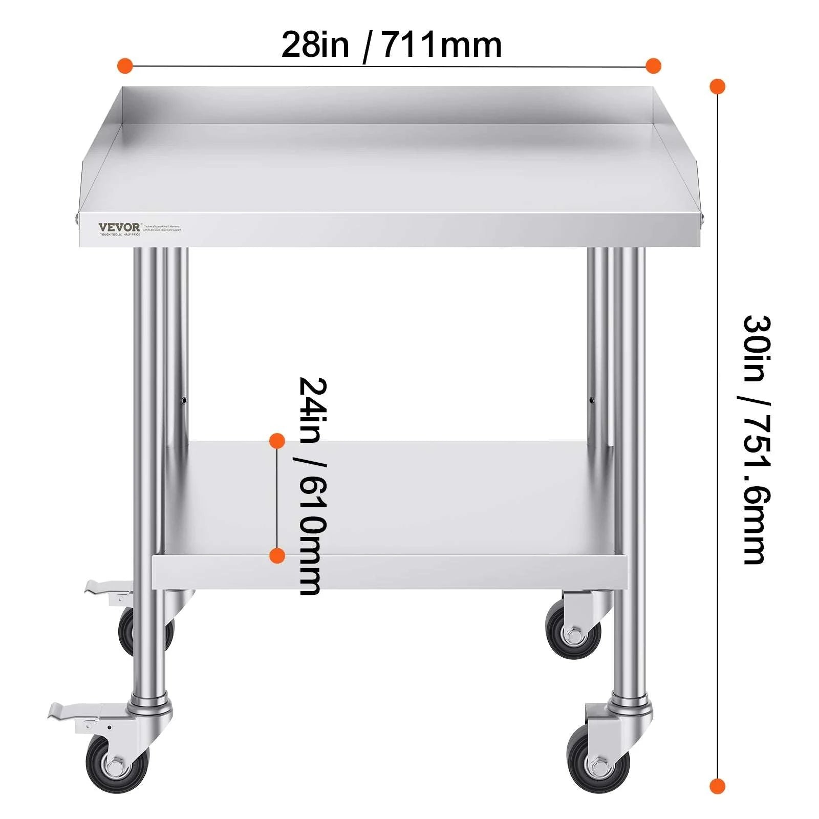 Stainless Steel Work Table with Wheels and Adjustable Shelf-30 x 36 in / GERMANY