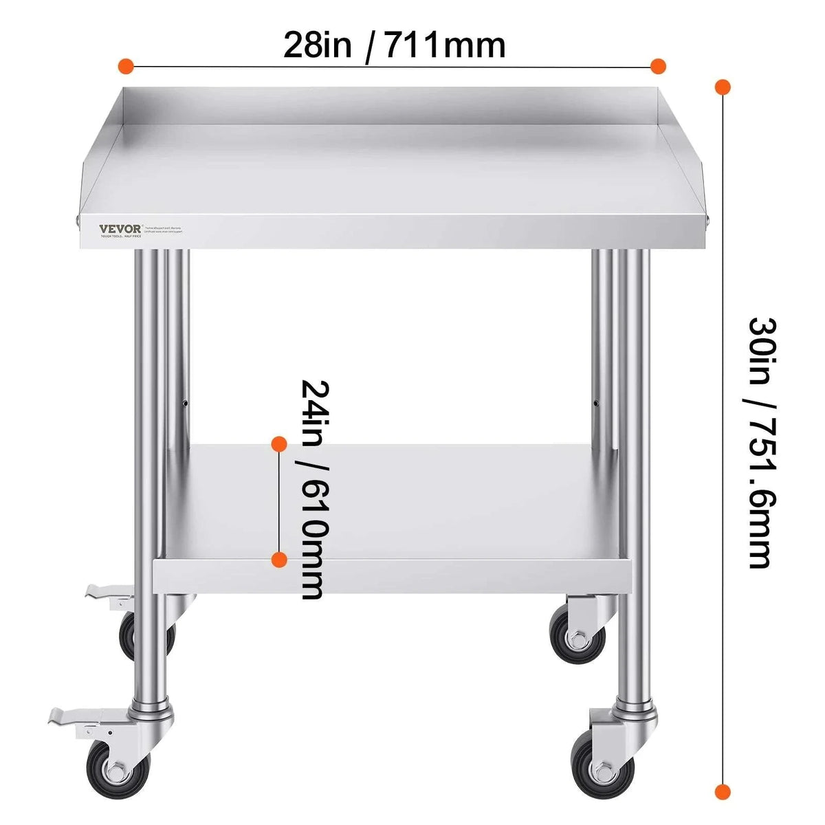 Stainless Steel Work Table with Wheels and Adjustable Shelf-30 x 36 in / GERMANY
