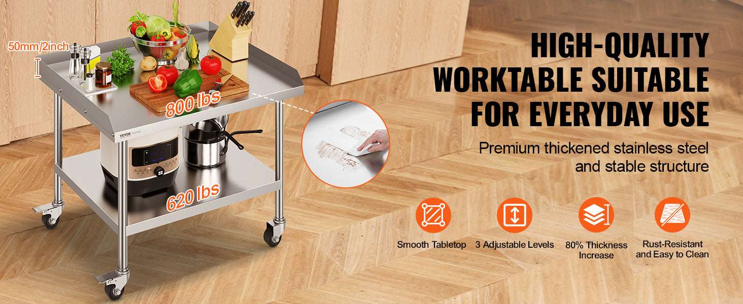 Stainless Steel Work Table with Wheels and Adjustable Shelf-30 x 36 in / GERMANY