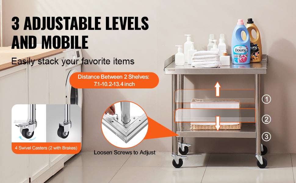 Stainless Steel Work Table with Wheels & Backsplash Prep Station-30x36inch / france