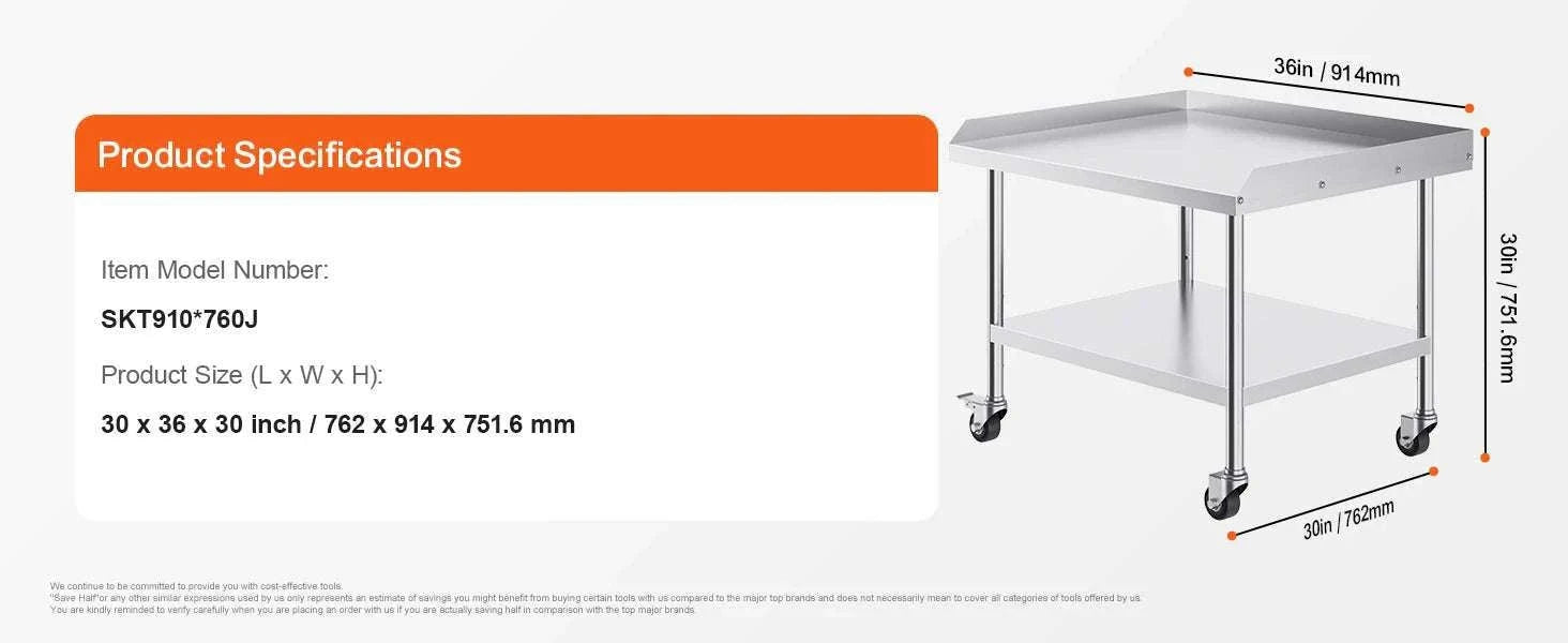 Stainless Steel Work Table with Wheels & Backsplash Prep Station-30x36inch / france