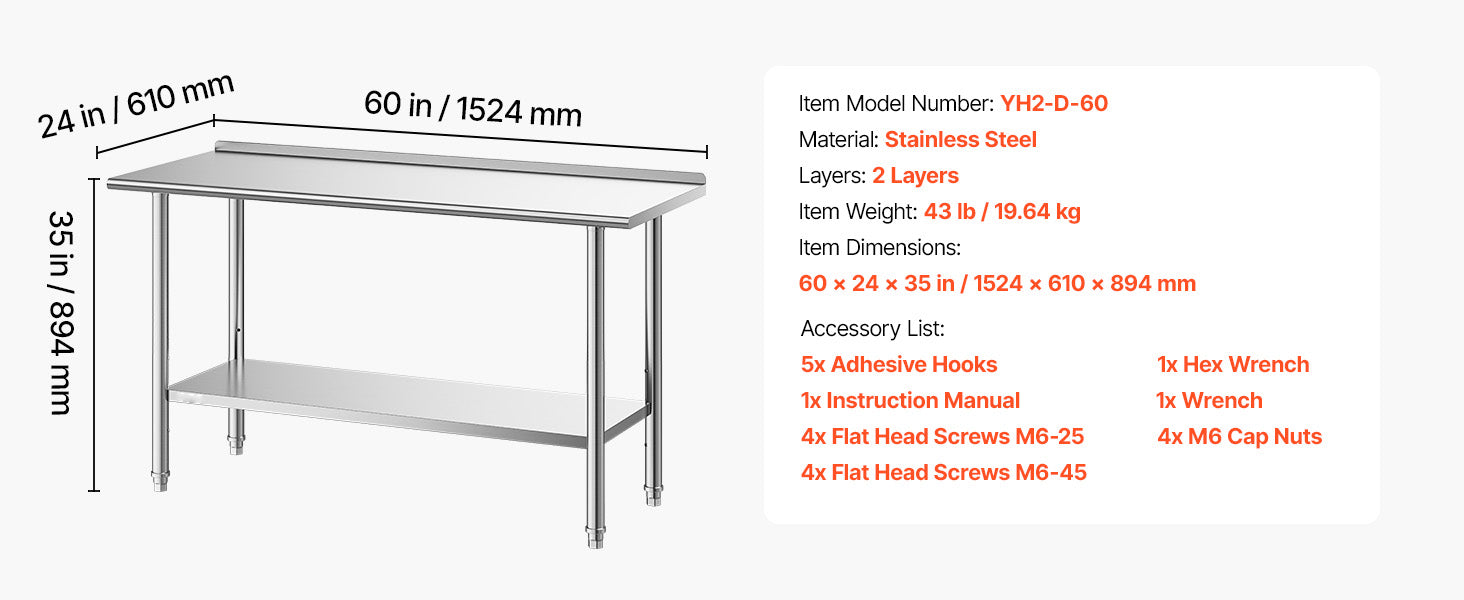 SucceBuy Stainless Steel Work Table with Backsplash Adjustable Undershelf Metal Utility Worktable for Restaurant Home Outdoor