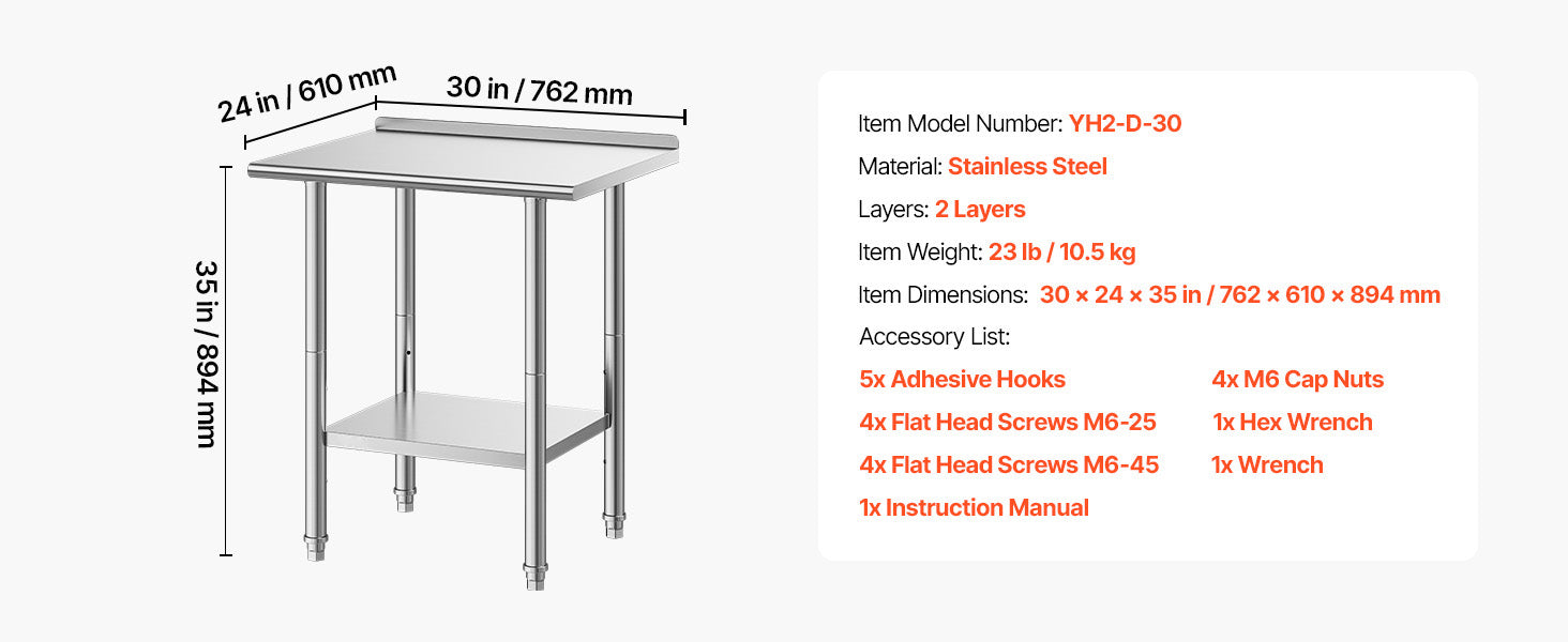 SucceBuy Stainless Steel Work Table with Backsplash Adjustable Undershelf Metal Utility Worktable for Restaurant Home Outdoor