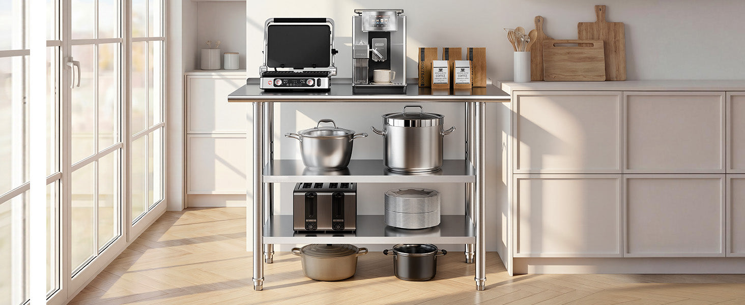 Mesa de Trabalho em Inox 24x48 polegadas SucceBuy com 2 prateleiras e alça de backsplash, estação de trabalho para cozinha comercial para restaurante e casa