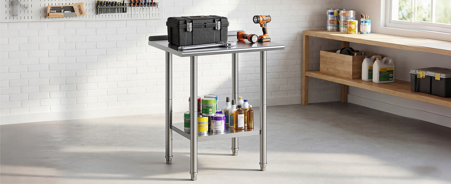 SucceBuy Stainless Steel Work Table with Backsplash Adjustable Undershelf Metal Utility Worktable for Restaurant Home Outdoor