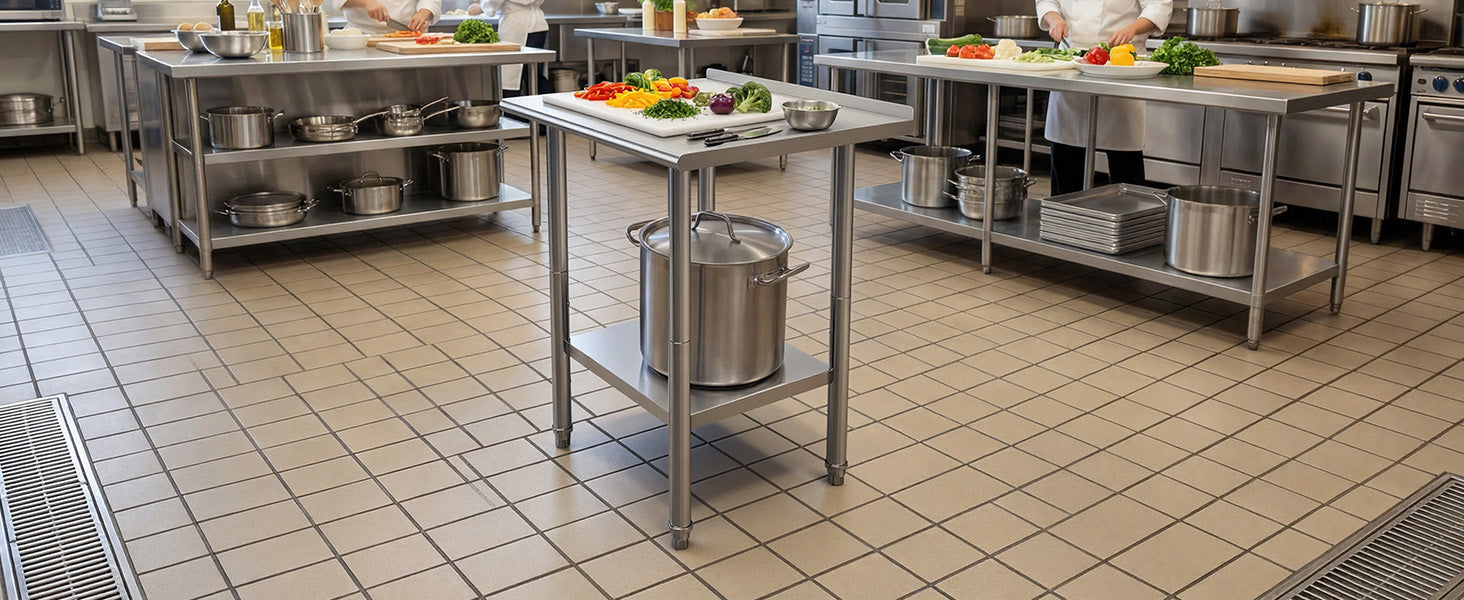 SucceBuy Stainless Steel Work Table with Backsplash Adjustable Undershelf Metal Utility Worktable for Restaurant Home Outdoor