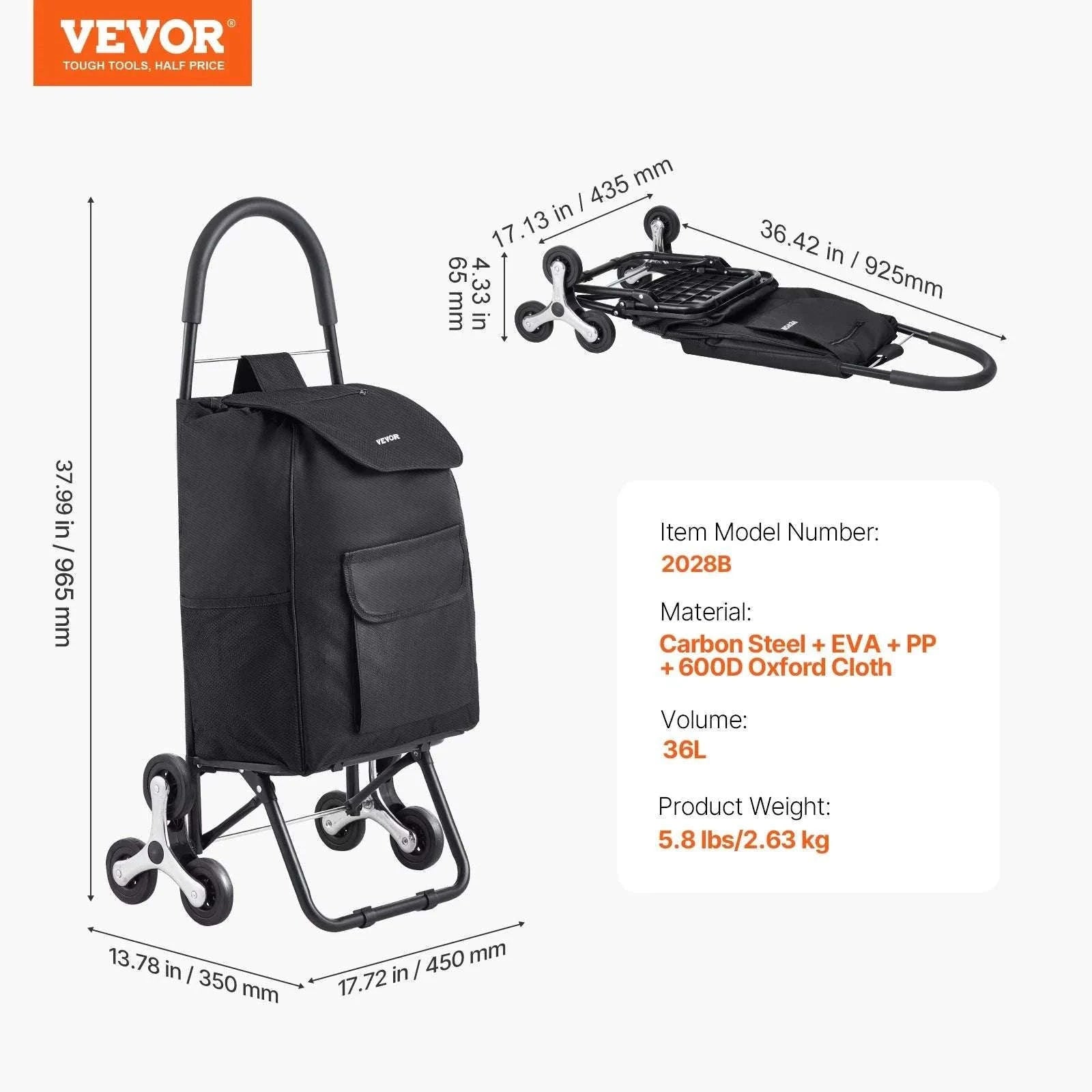 Stair Climbing Folding Grocery Cart 36L 110lbs Heavy Duty Trolley-36L / CZECH REPUBLIC