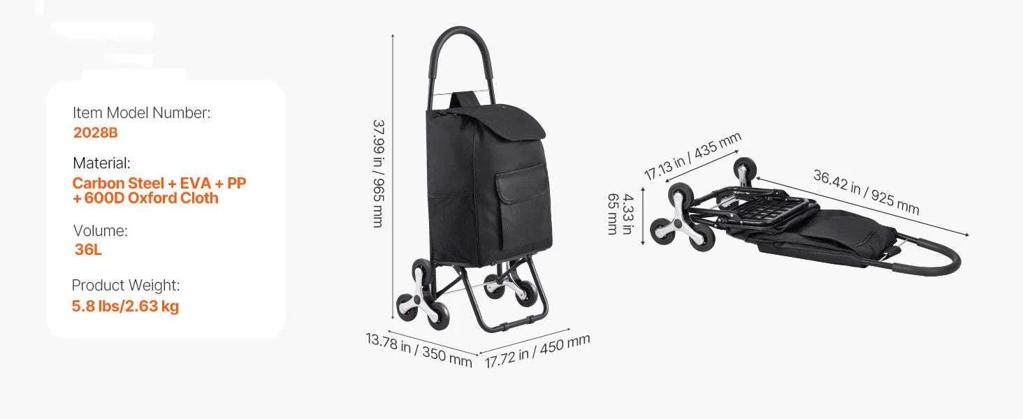 Stair Climbing Folding Grocery Cart 36L 110lbs Heavy Duty Trolley-36L / CZECH REPUBLIC