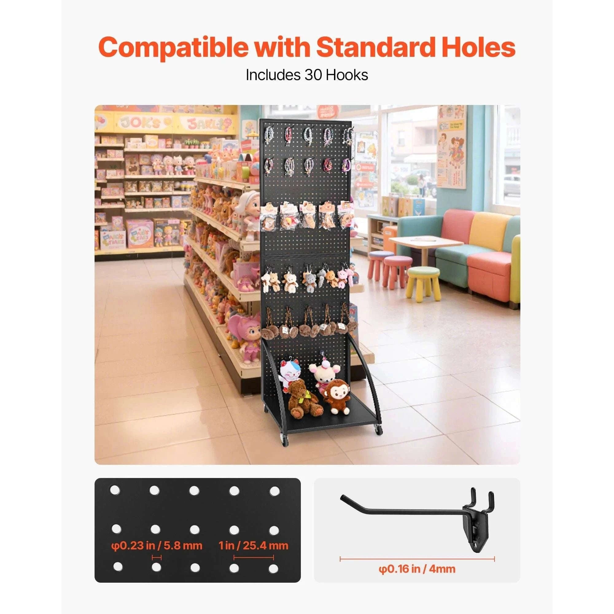 Standing Pegboard Display Rack with Casters & 30 Hooks Steel Panel-black / United States