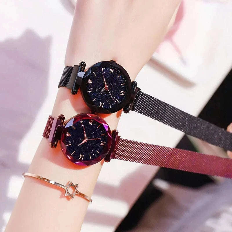 Starry Sky Magnetic Mesh Women's Watch with Luminous Dial-Rose Gold