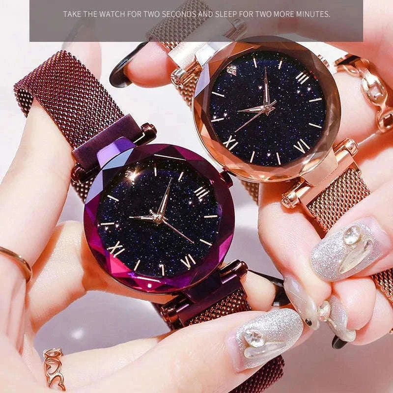 Starry Sky Magnetic Mesh Women's Watch with Luminous Dial-Rose Gold