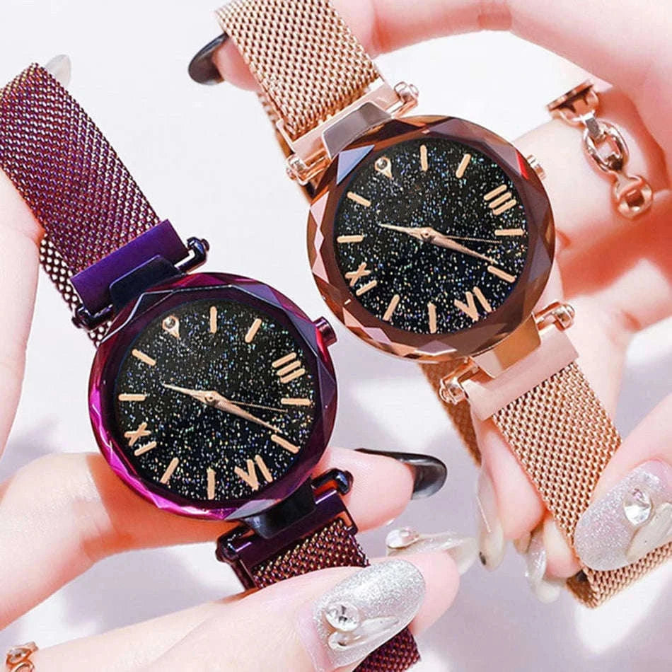 Starry Sky Magnetic Mesh Women's Watch with Luminous Dial-Rose Gold