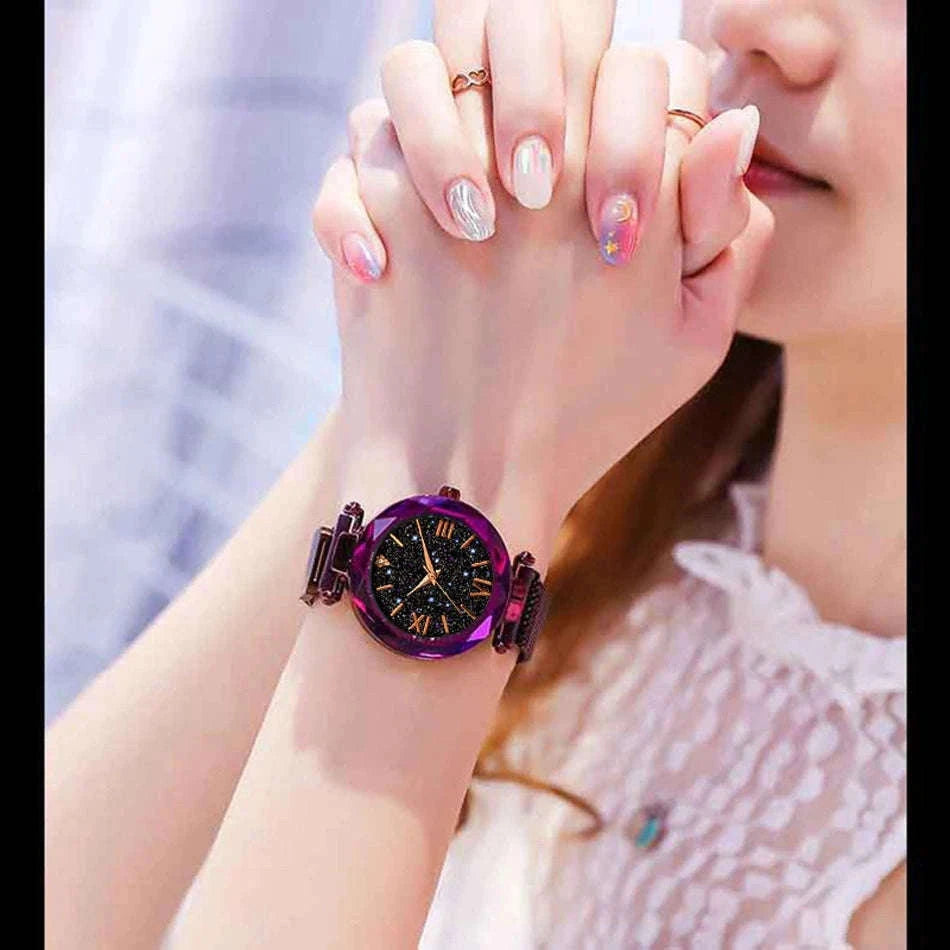 Starry Sky Magnetic Mesh Women's Watch with Luminous Dial-Rose Gold
