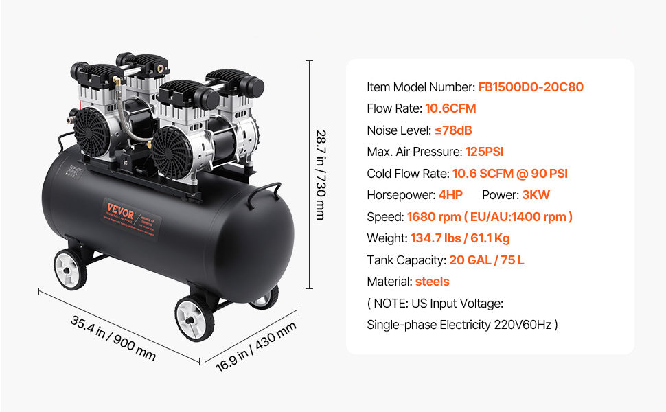 Bezolejový vzduchový kompresor 125 PSI tichý elektrický pumpa pro pneumatiky a nářadí
