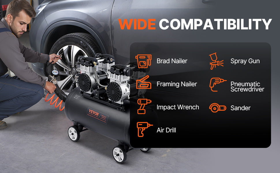 Bezolejový vzduchový kompresor 125 PSI tichý elektrický pumpa pro pneumatiky a nářadí