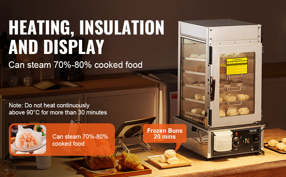 Espositore Riscaldante per Alimenti Commerciale 37L con Vaporiera per Panini e Controllo della Temperatura