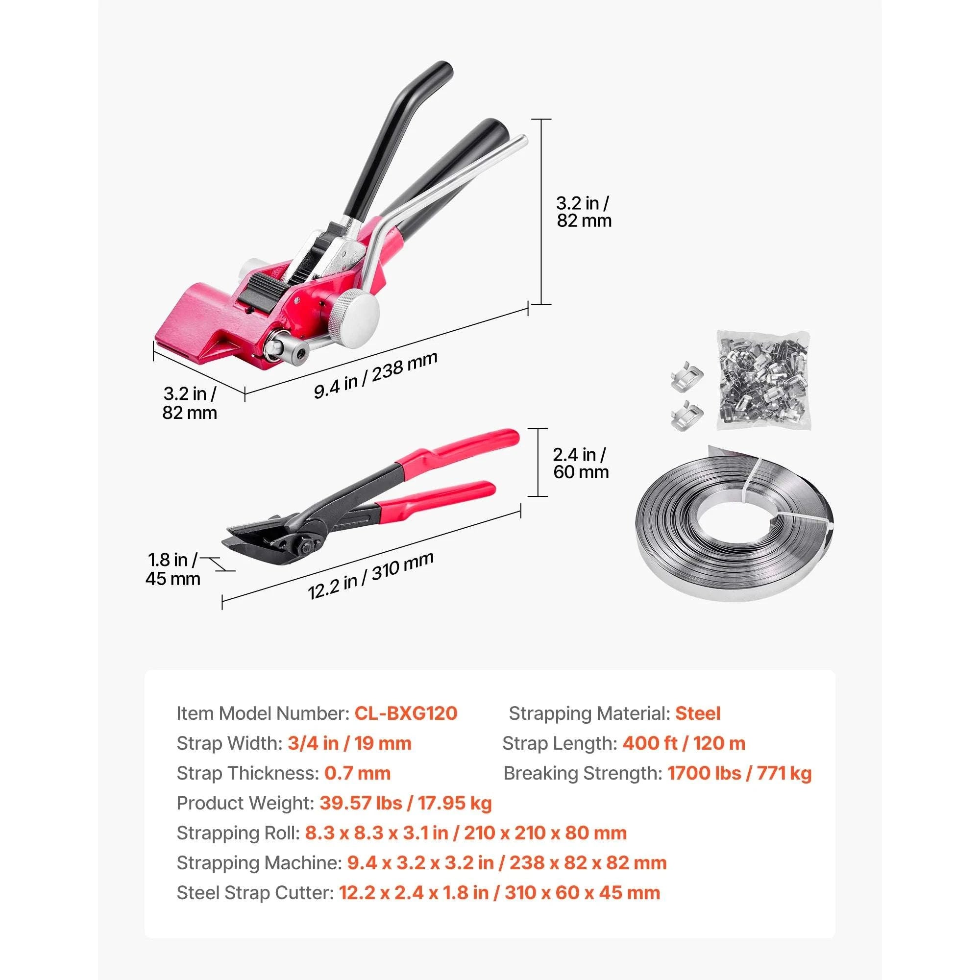 Steel Banding Strapping Kit with Tensioner, Cutter & 200/400ft रोल-200ft Strap / United States
