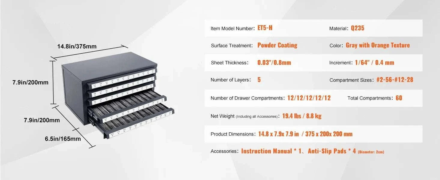 Steel Drill Bit Organizer Cabinet with Drawers and Labeled Compartments-29 PCs ET3-A / United States