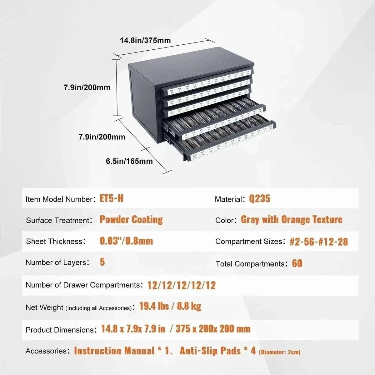 Steel Drill Bit Organizer Cabinet with Drawers and Labeled Slots-29PCs ET3-F / United States
