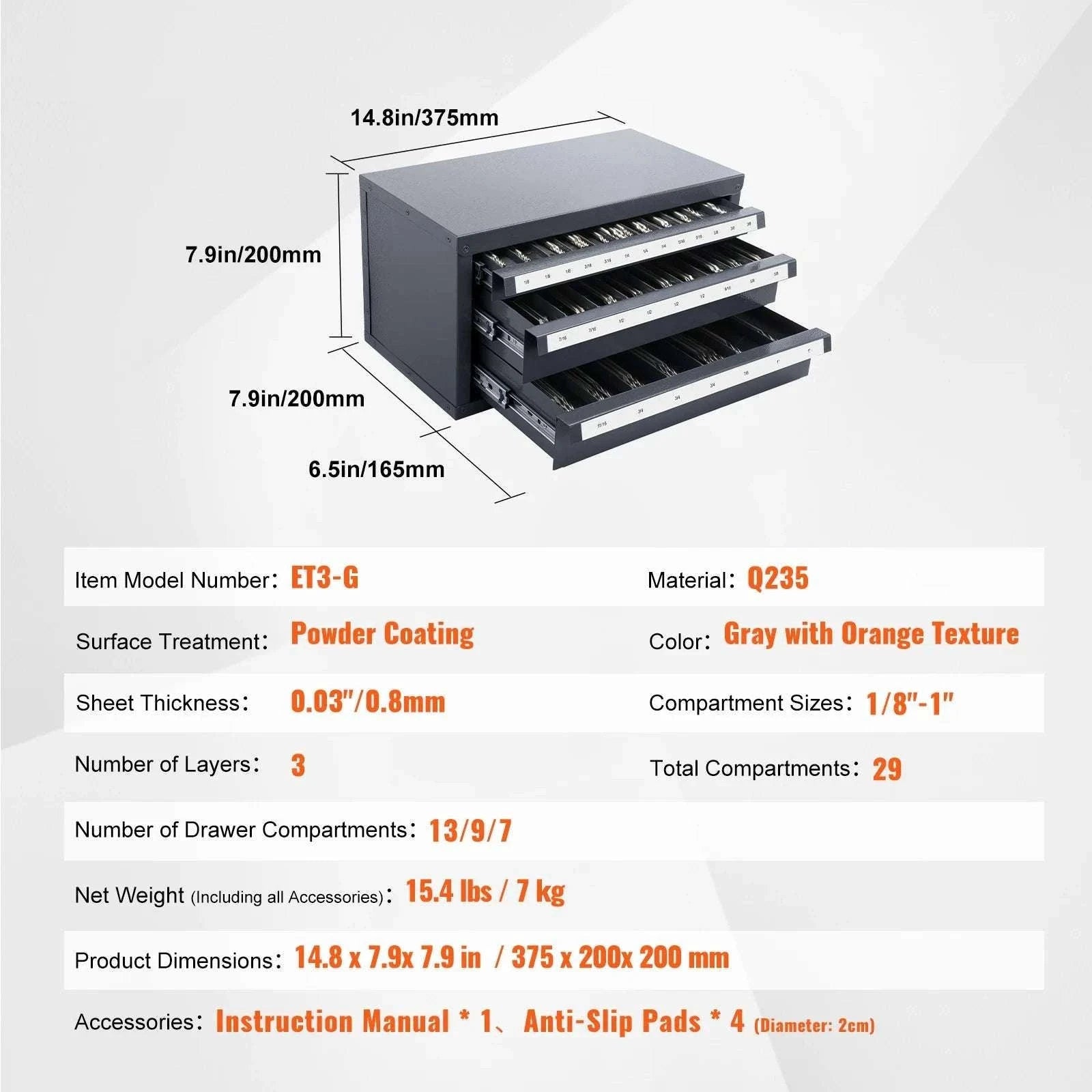 Steel Drill Bit Organizer Cabinet with Drawers and Labeled Slots-29PCs ET3-F / United States