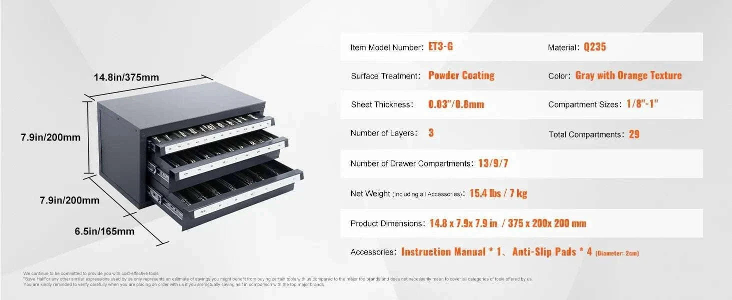 Steel Drill Bit Organizer Cabinet with Drawers and Labeled Slots-29PCs ET3-F / United States