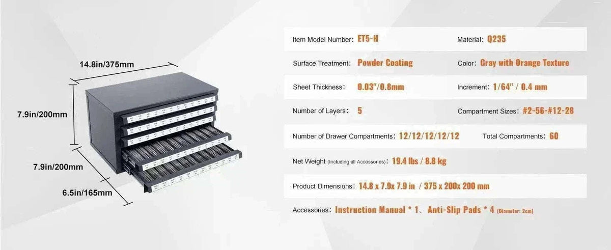 Steel Drill Bit Organizer Cabinet with Drawers and Labeled Slots-29PCs ET3-F / United States