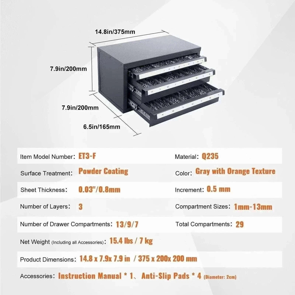 Steel Drill Bit Organizer Cabinet with Drawers and Labeled Slots-29PCs ET3-F / United States