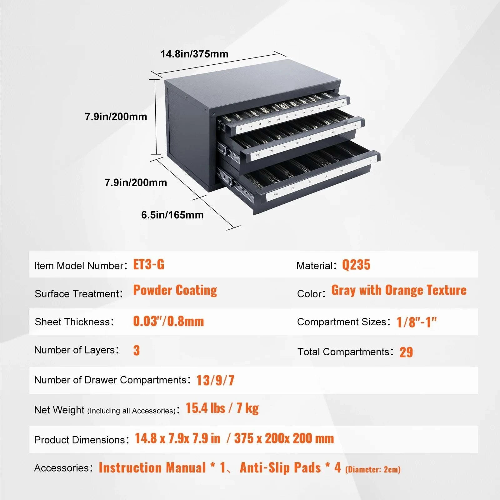 Steel Drill Bit Organizer Cabinet with Drawers and Labeled Slots-29PCs ET3-F / United States