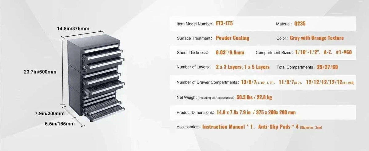 Steel Drill Bit Organizer Cabinet with Drawers and Labeled Slots-29PCs ET3-F / United States
