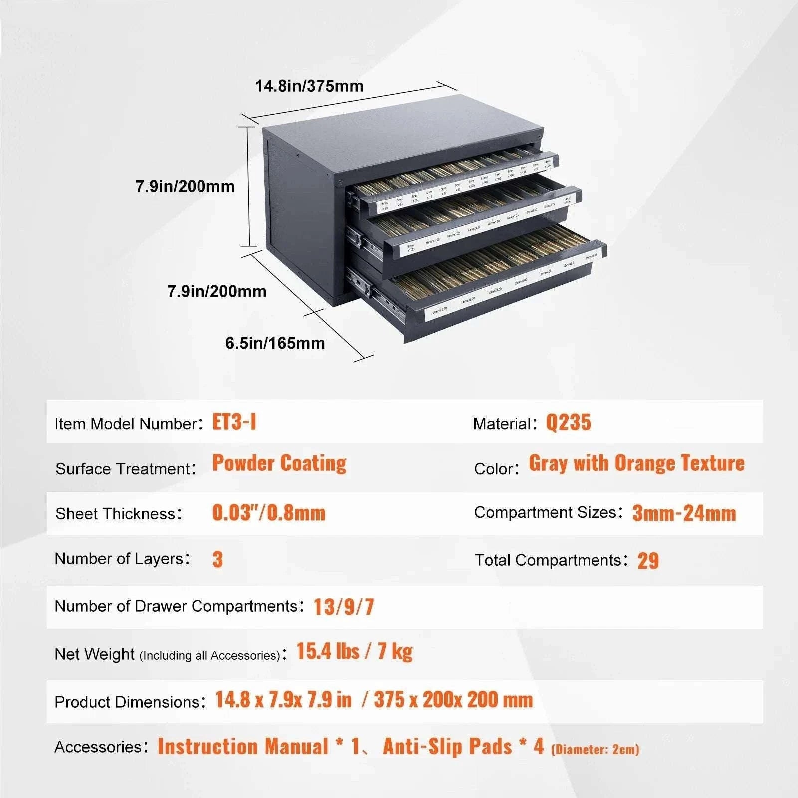 Steel Drill Bit Organizer Cabinet with Drawers and Labeled Slots-29PCs ET3-F / United States