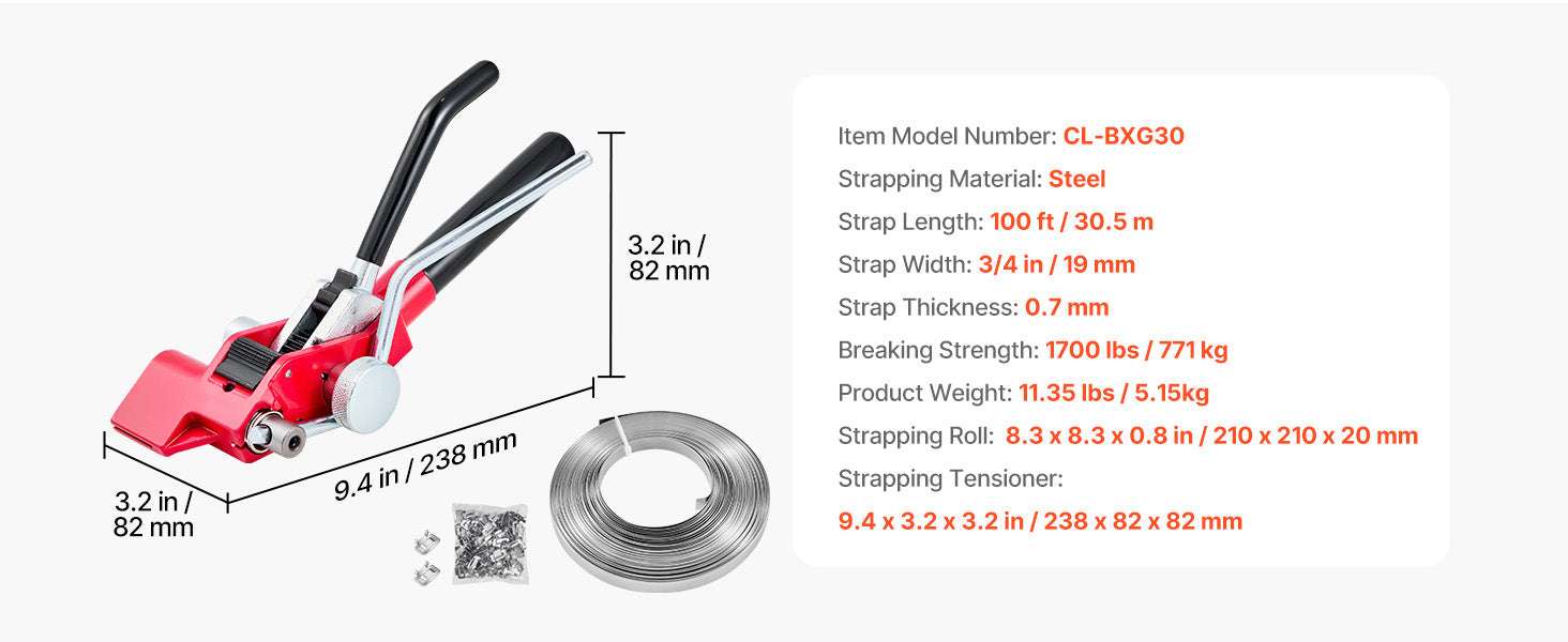 Steel Pallet Banding Strapping Kit with Tensioner & 100 Seals-Red / United States