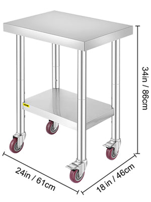 Nerezový kuchynský pracovný stôl s kolieskami a nastaviteľnou policou