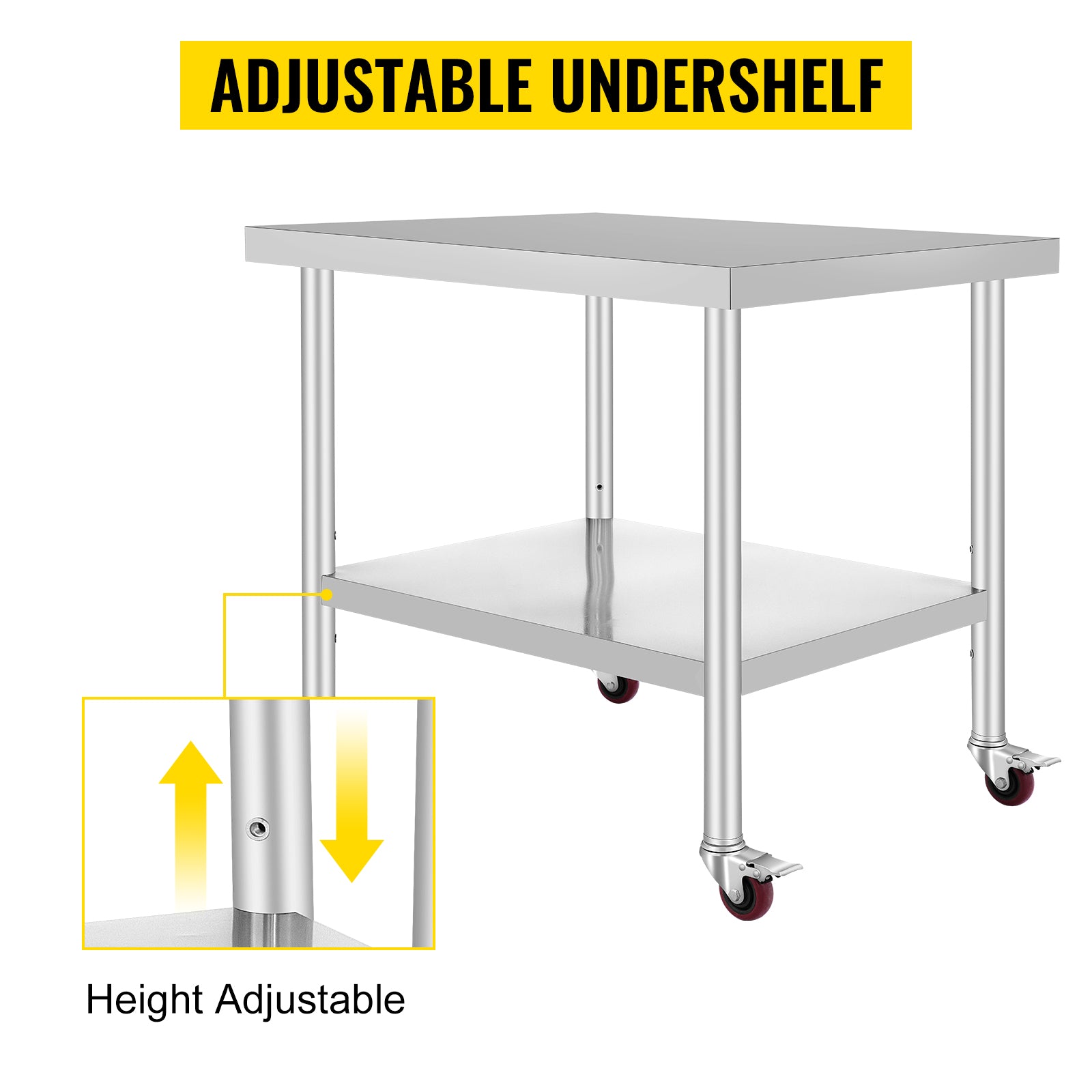 Stainless Steel Kitchen Prep Table with Wheels & Adjustable Shelf