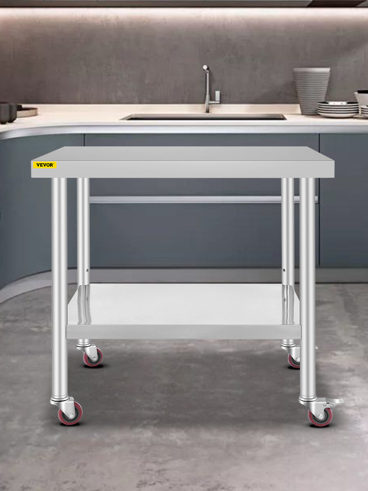 Stainless Steel Kitchen Prep Table with Wheels & Adjustable Shelf