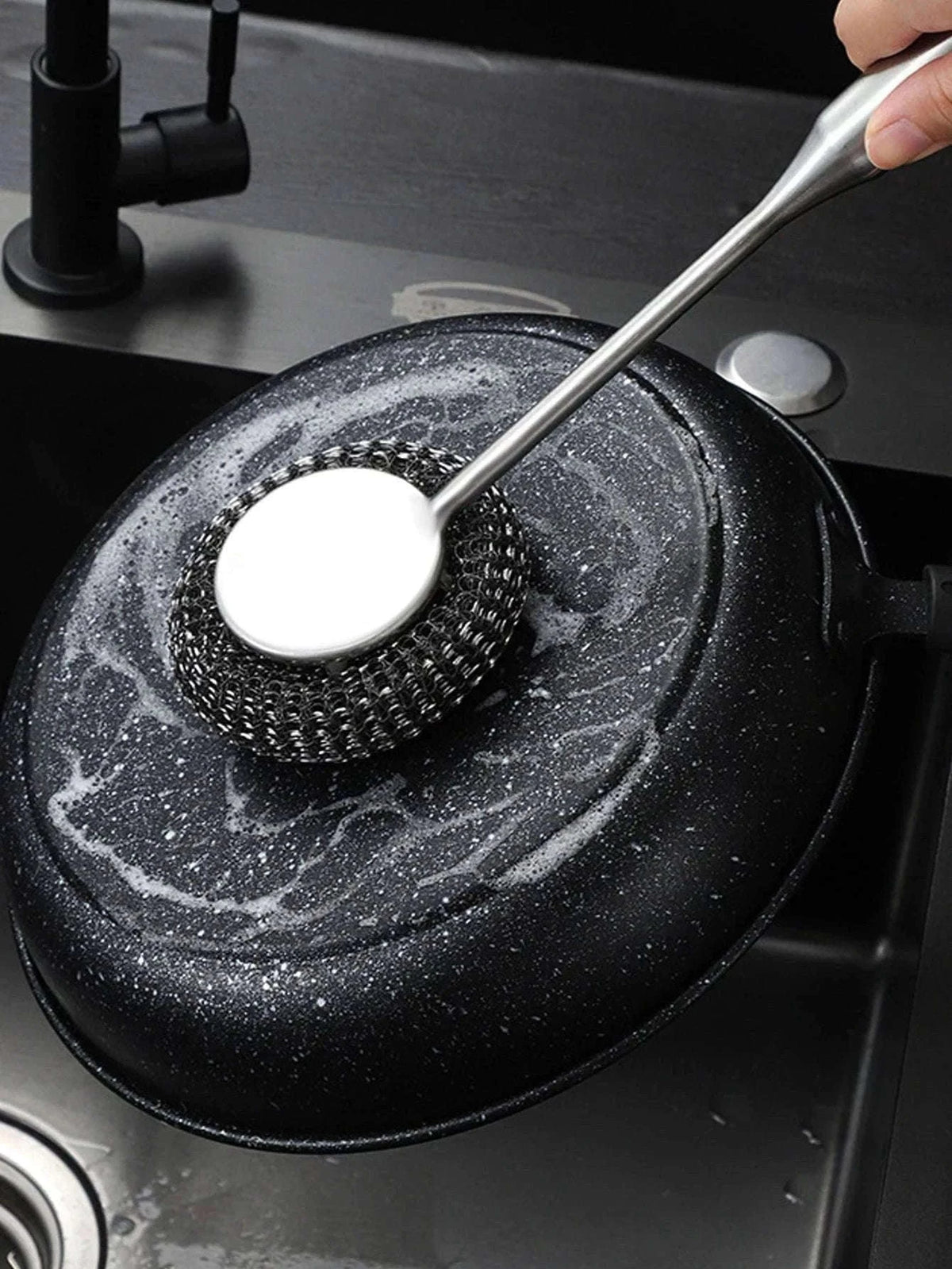 Steel Wool Scrubber with Handle for Tough Kitchen Cleaning-1PC